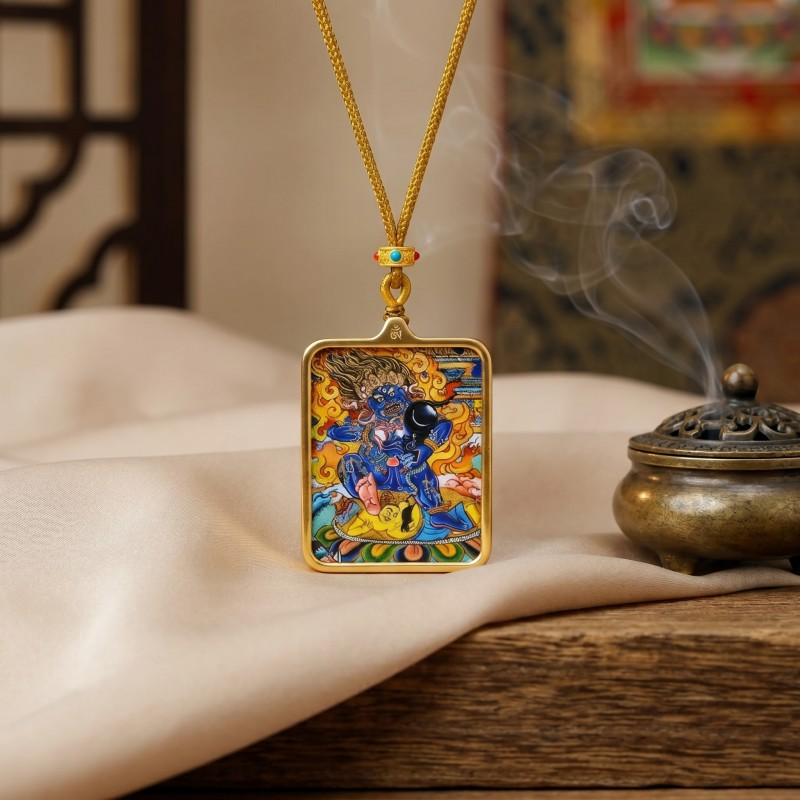 Double-Sided White Jambhala Thangka Pendant with Mantra | God of Wealth & Protection Amulet image 2