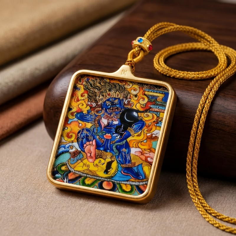 Double-Sided White Jambhala Thangka Pendant with Mantra | God of Wealth & Protection Amulet image 3