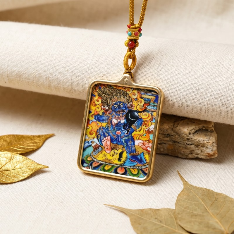 Double-Sided White Jambhala Thangka Pendant with Mantra | God of Wealth & Protection Amulet image 4
