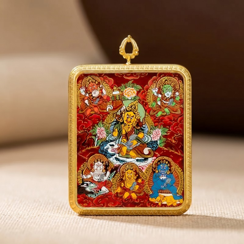 Five Jambhalas (Five Wealth Gods) Hand-Painted Thangka Pendant | Complete Prosperity & Good Fortune Amulet