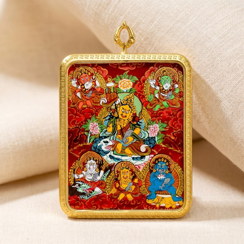 Five Jambhalas (Five Wealth Gods) Hand-Painted Thangka Pendant | Complete Prosperity & Good Fortune Amulet image 2
