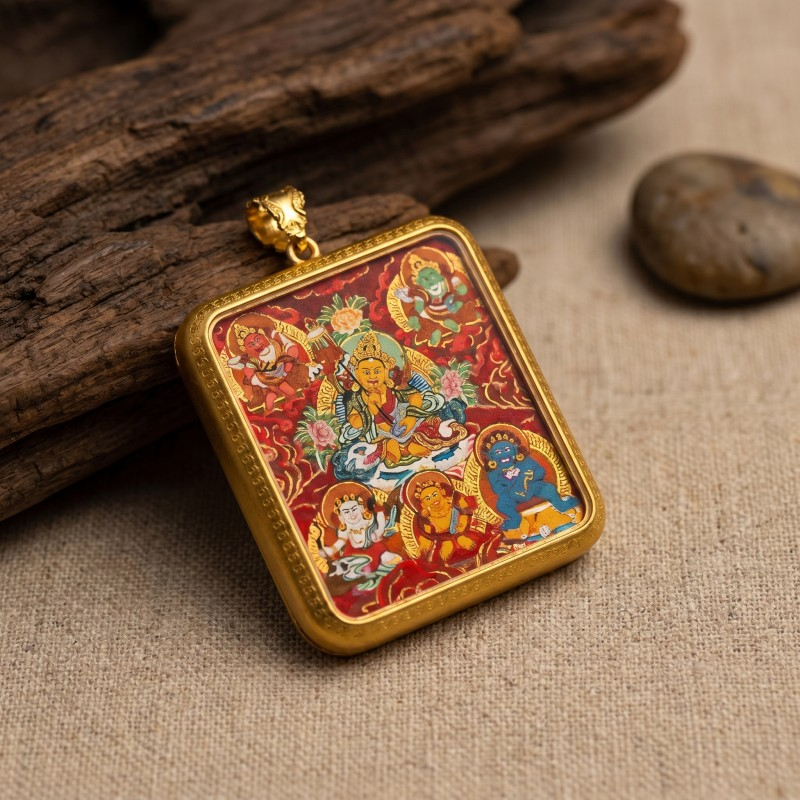 Five Jambhalas (Five Wealth Gods) Hand-Painted Thangka Pendant | Complete Prosperity & Good Fortune Amulet image 3