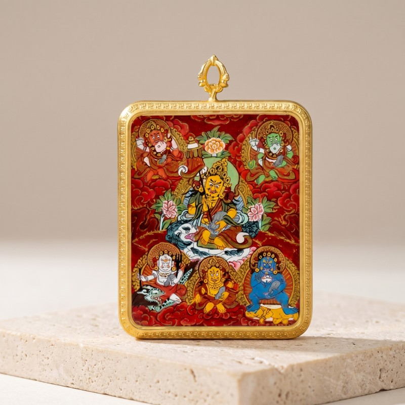 Five Jambhalas (Five Wealth Gods) Hand-Painted Thangka Pendant | Complete Prosperity & Good Fortune Amulet image 4