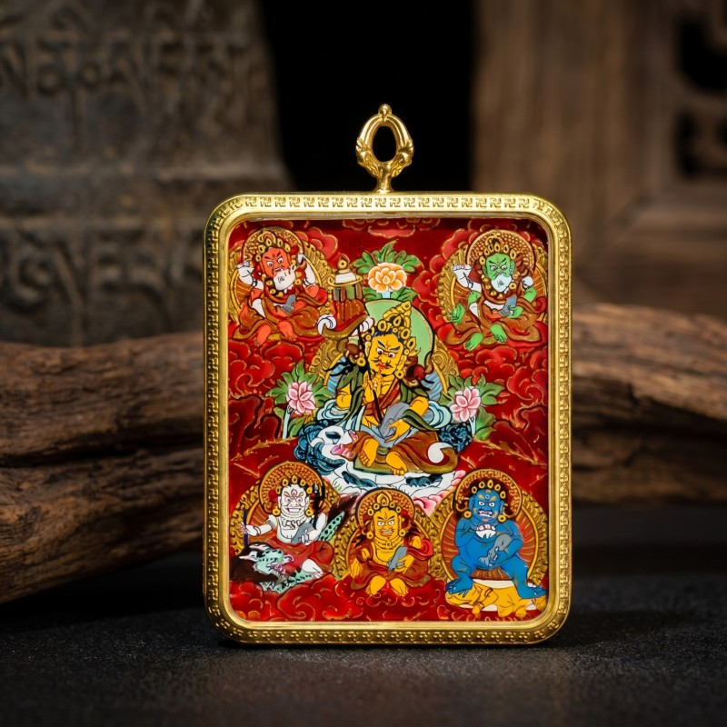 Five Jambhalas (Five Wealth Gods) Hand-Painted Thangka Pendant | Complete Prosperity & Good Fortune Amulet image 5