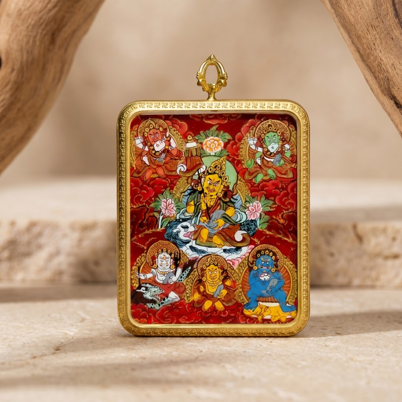 Five Jambhalas (Five Wealth Gods) Hand-Painted Thangka Pendant | Complete Prosperity & Good Fortune Amulet image 6