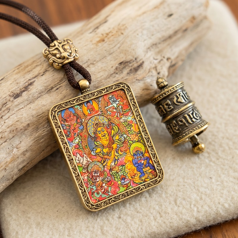 Five Jambhalas Hand-Painted Thangka Pendant | Complete Wealth & Prosperity Amulet image 2