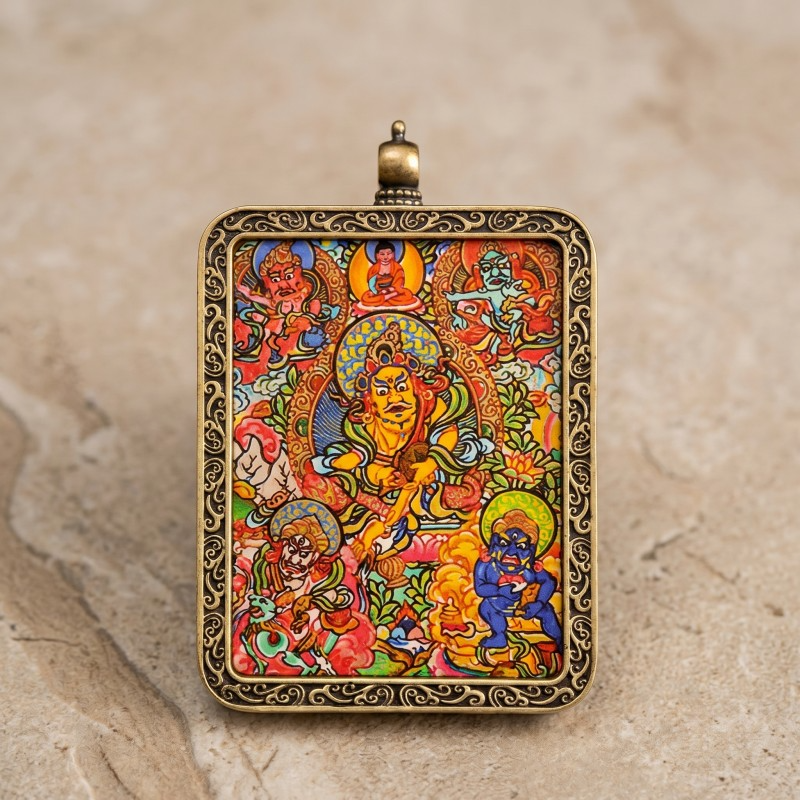 Five Jambhalas Hand-Painted Thangka Pendant | Complete Wealth & Prosperity Amulet image 3