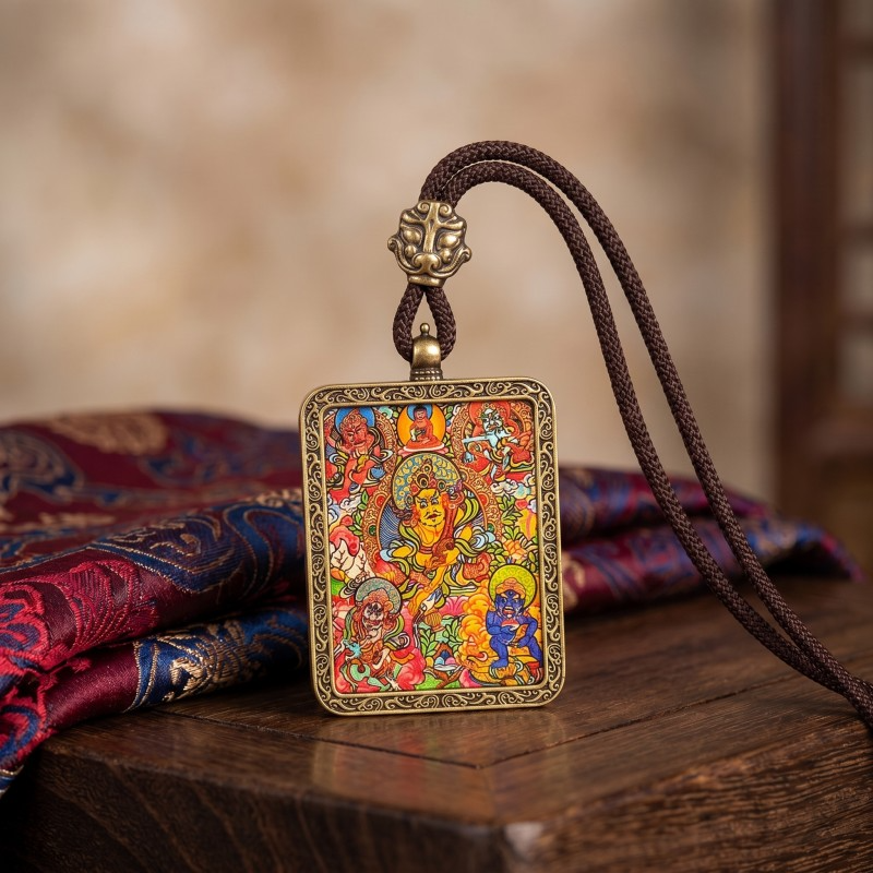 Five Jambhalas Hand-Painted Thangka Pendant | Complete Wealth & Prosperity Amulet image 4