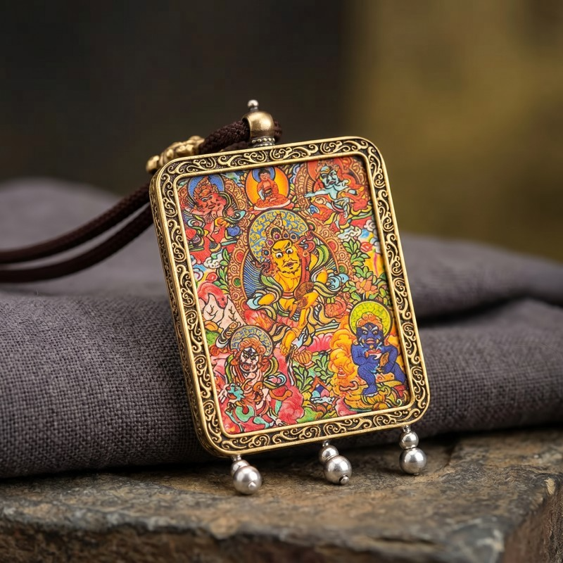 Five Jambhalas Hand-Painted Thangka Pendant | Complete Wealth & Prosperity Amulet image 6