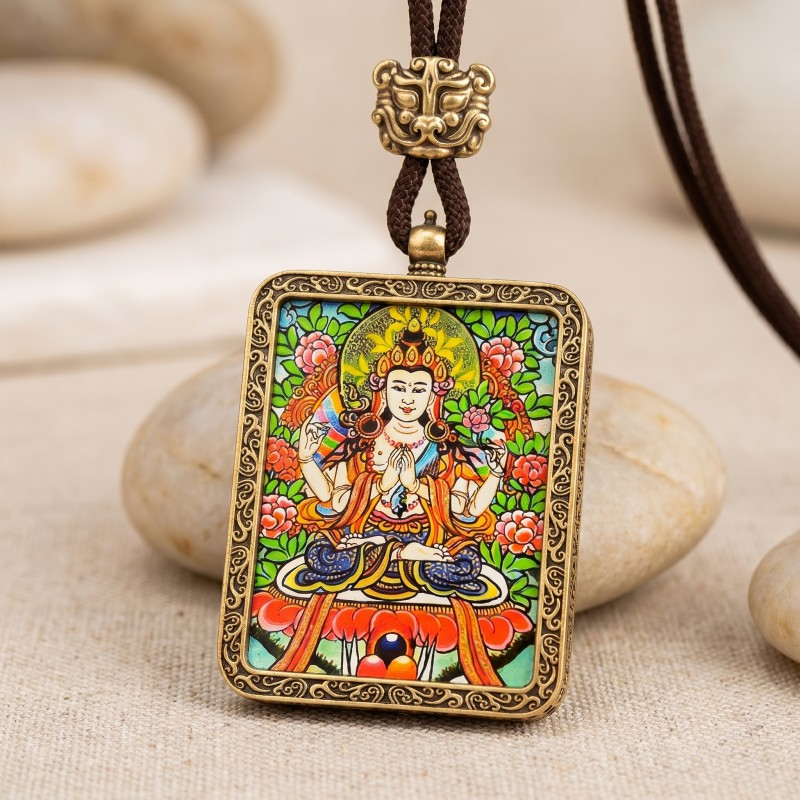 Four-Armed Avalokiteshvara Hand-Painted Thangka Pendant | Bodhisattva of Compassion & Protection Amulet image 2
