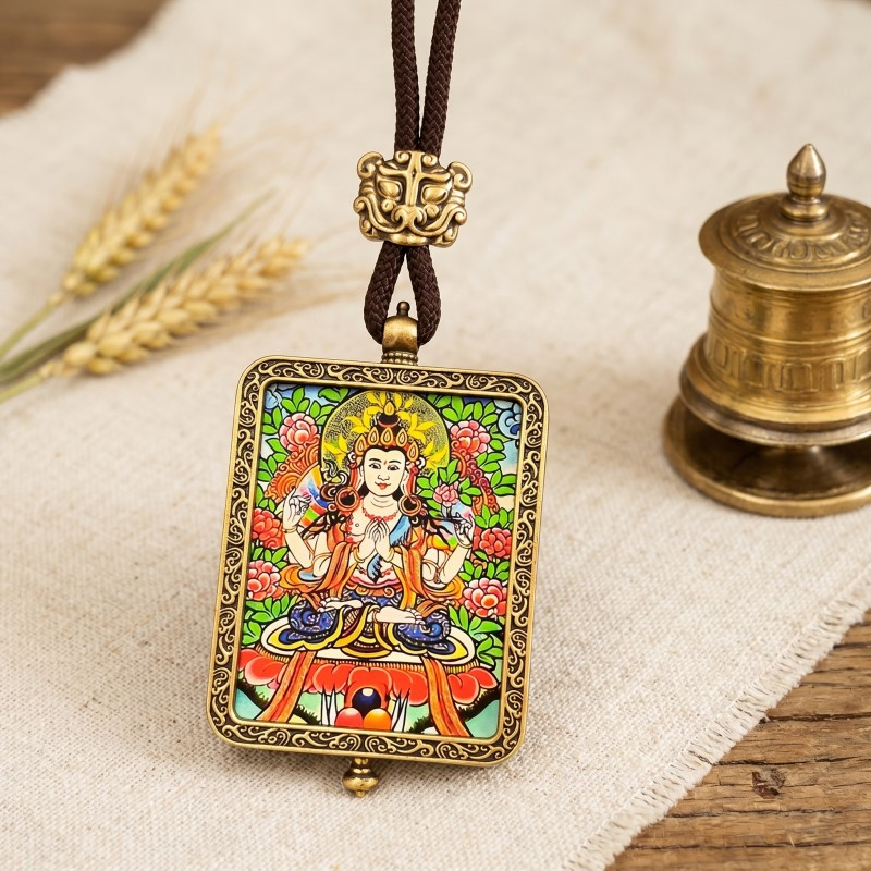 Four-Armed Avalokiteshvara Hand-Painted Thangka Pendant | Bodhisattva of Compassion & Protection Amulet image 3