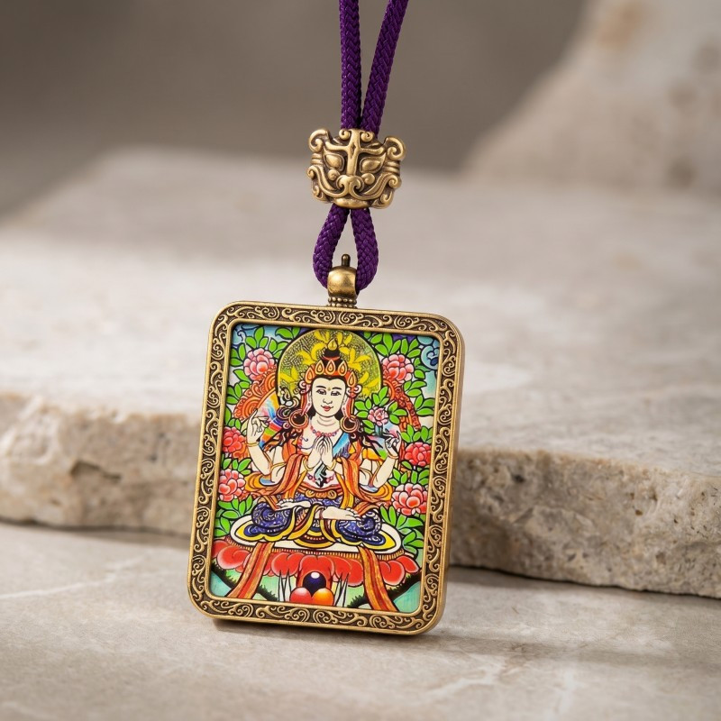 Four-Armed Avalokiteshvara Hand-Painted Thangka Pendant | Bodhisattva of Compassion & Protection Amulet image 4
