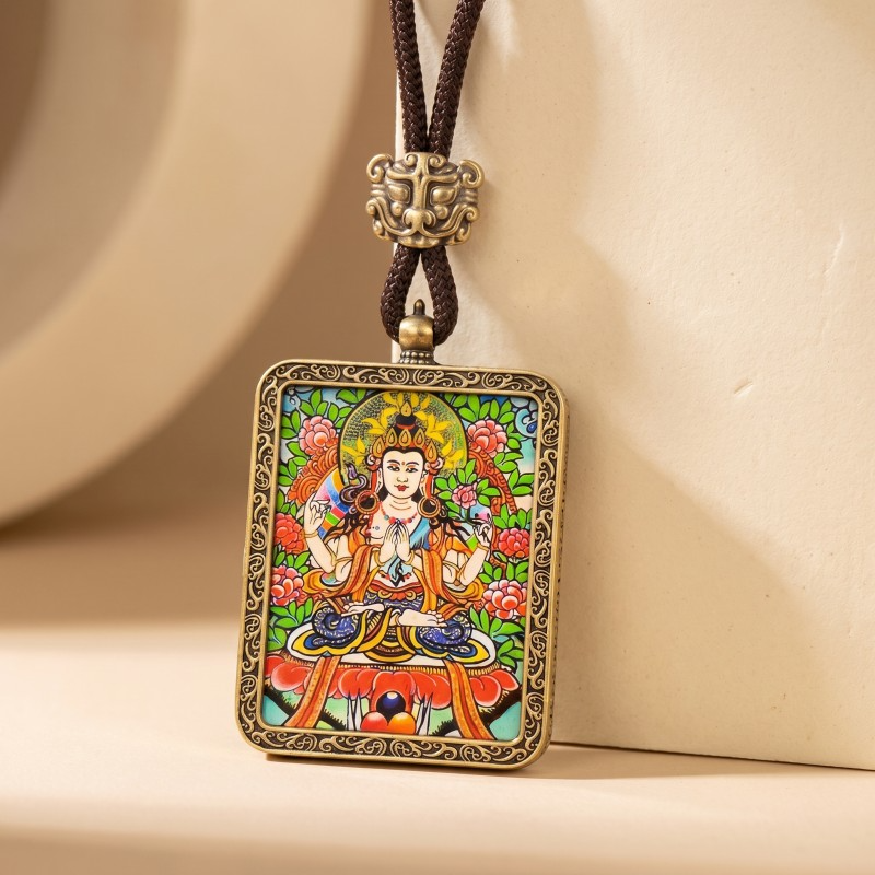 Four-Armed Avalokiteshvara Hand-Painted Thangka Pendant | Bodhisattva of Compassion & Protection Amulet image 6