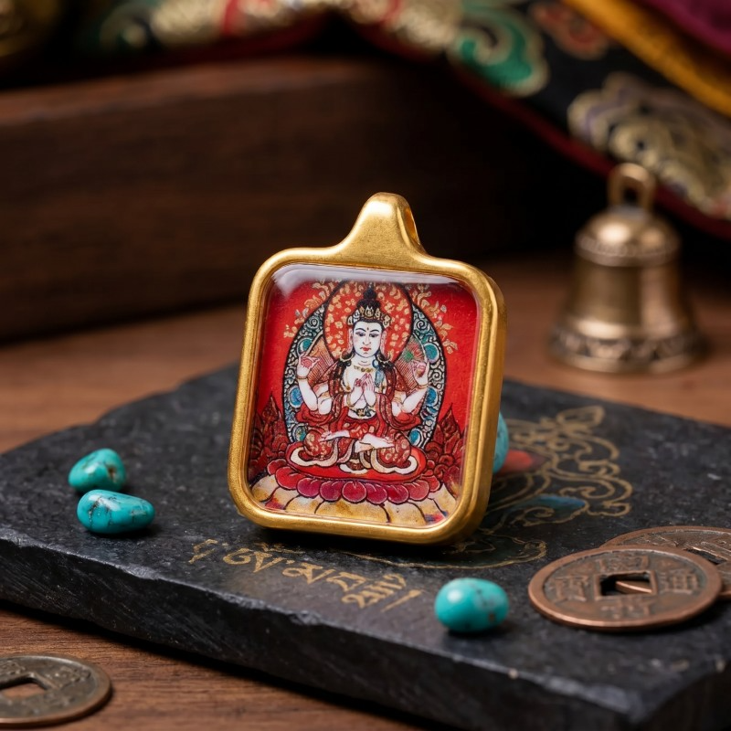Four-Armed Chenrezig (Avalokiteshvara) Hand-Painted Thangka Pendant | Amulet of Universal Compassion & Protection