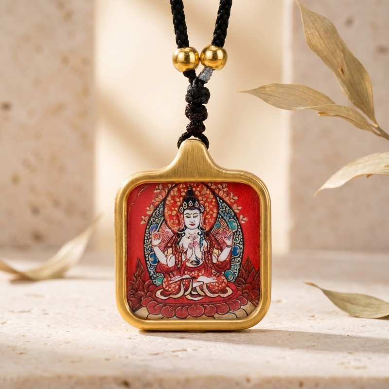 Four-Armed Chenrezig (Avalokiteshvara) Hand-Painted Thangka Pendant | Amulet of Universal Compassion & Protection image 2