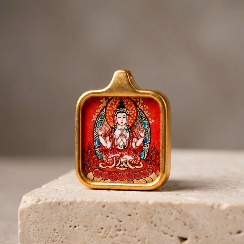 Four-Armed Chenrezig (Avalokiteshvara) Hand-Painted Thangka Pendant | Amulet of Universal Compassion & Protection image 3