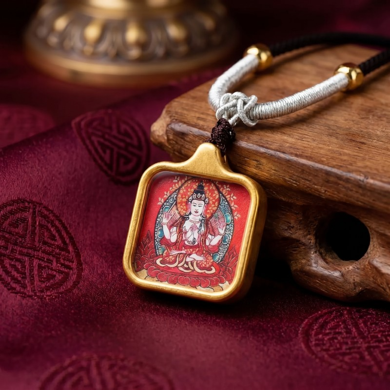 Four-Armed Chenrezig (Avalokiteshvara) Hand-Painted Thangka Pendant | Amulet of Universal Compassion & Protection image 4