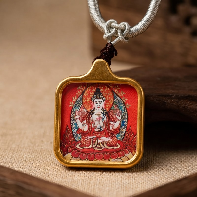 Four-Armed Chenrezig (Avalokiteshvara) Hand-Painted Thangka Pendant | Amulet of Universal Compassion & Protection image 5