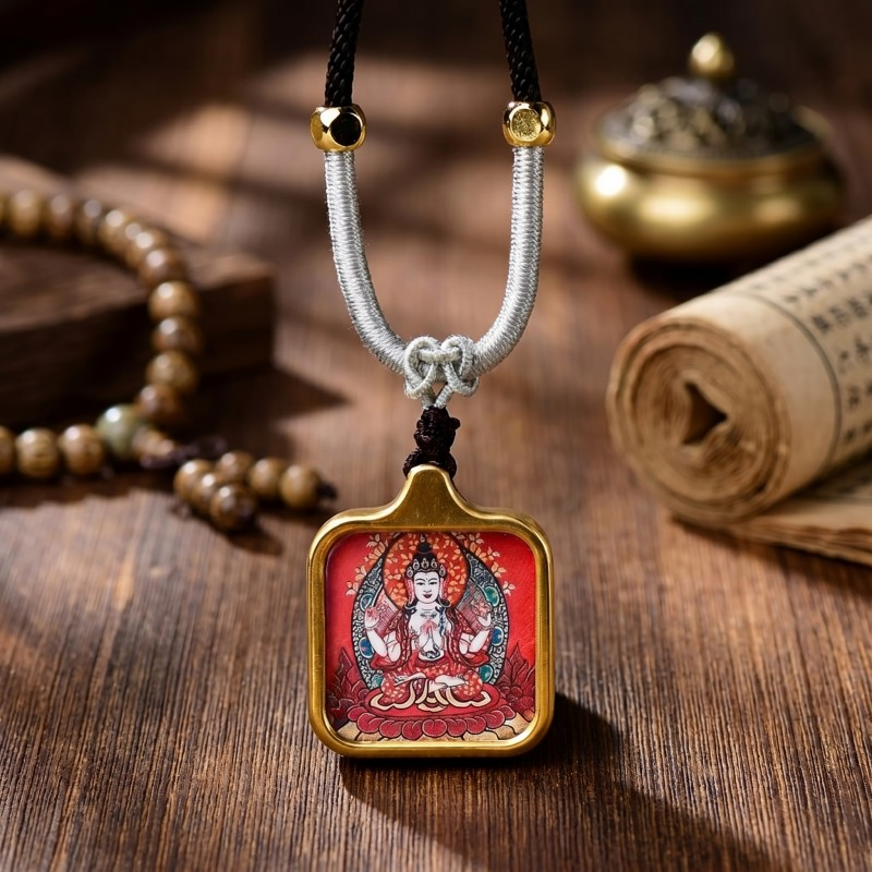 Four-Armed Chenrezig (Avalokiteshvara) Hand-Painted Thangka Pendant | Amulet of Universal Compassion & Protection image 6