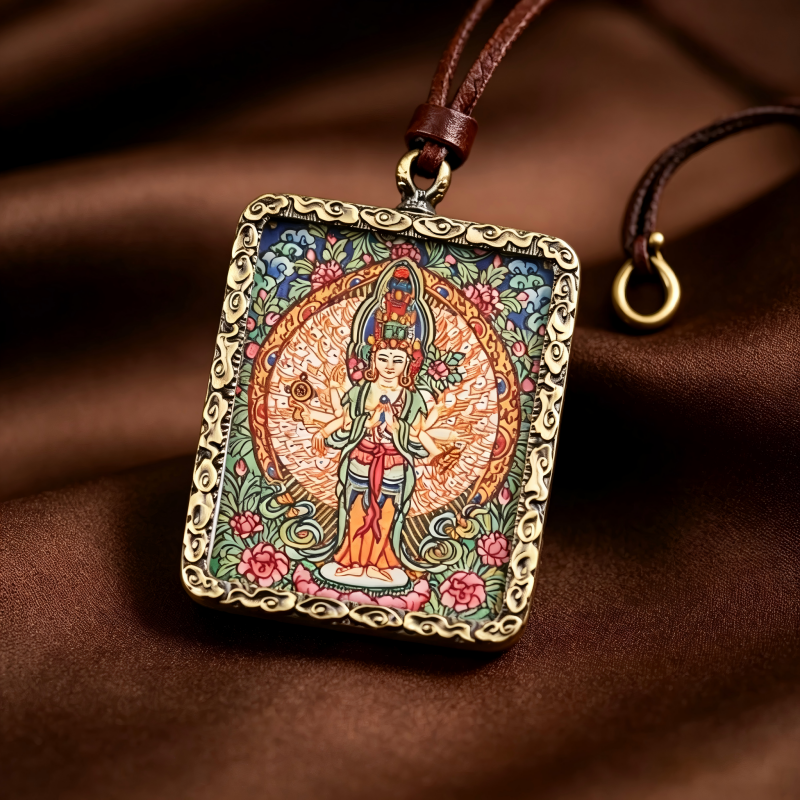 Four-Armed Chenrezig (Avalokiteshvara) Hand-Painted Thangka Pendant | Bodhisattva of Compassion & Universal Love Amulet