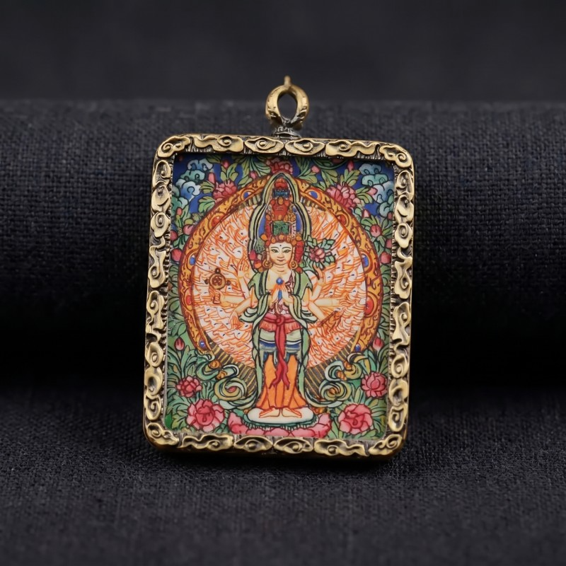 Four-Armed Chenrezig (Avalokiteshvara) Hand-Painted Thangka Pendant | Bodhisattva of Compassion & Universal Love Amulet image 2