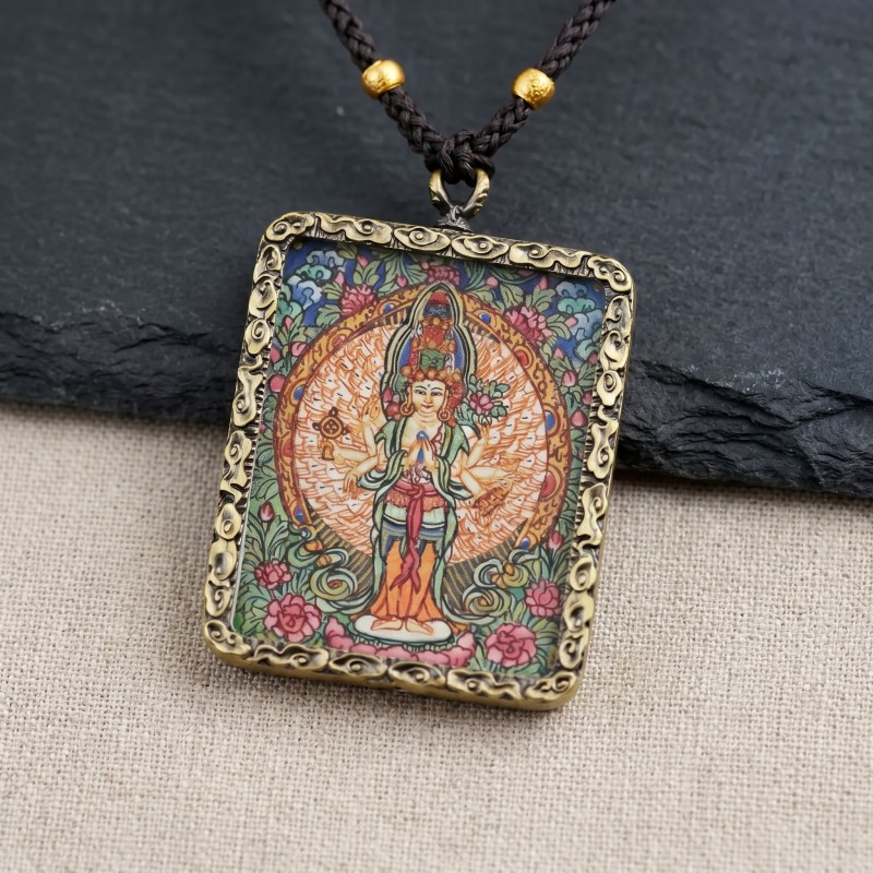 Four-Armed Chenrezig (Avalokiteshvara) Hand-Painted Thangka Pendant | Bodhisattva of Compassion & Universal Love Amulet image 3
