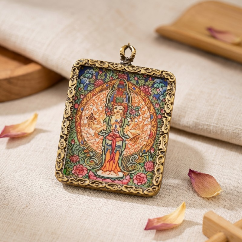 Four-Armed Chenrezig (Avalokiteshvara) Hand-Painted Thangka Pendant | Bodhisattva of Compassion & Universal Love Amulet image 4