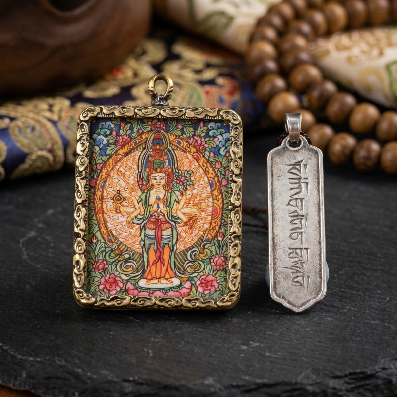 Four-Armed Chenrezig (Avalokiteshvara) Hand-Painted Thangka Pendant | Bodhisattva of Compassion & Universal Love Amulet image 5