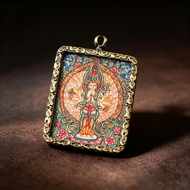 Four-Armed Chenrezig (Avalokiteshvara) Hand-Painted Thangka Pendant | Bodhisattva of Compassion & Universal Love Amulet image 6
