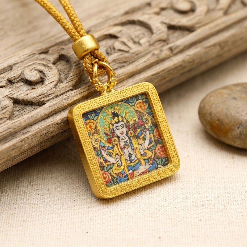 Four-Armed Chenrezig Hand-Painted Thangka Pendant | Bodhisattva of Compassion Amulet for Protection & Peace