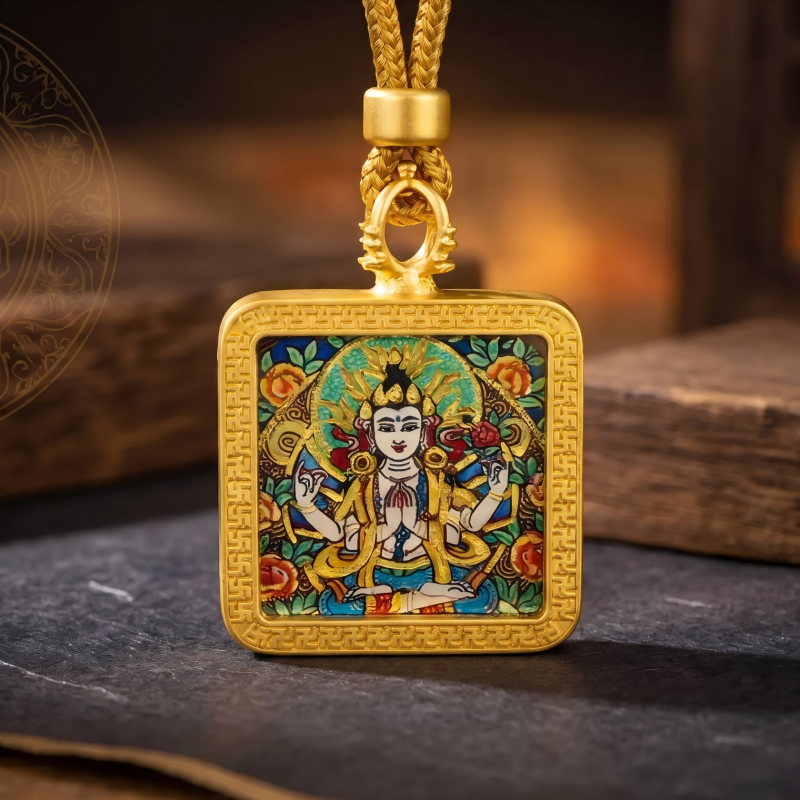 Four-Armed Chenrezig Hand-Painted Thangka Pendant | Bodhisattva of Compassion Amulet for Protection & Peace image 2