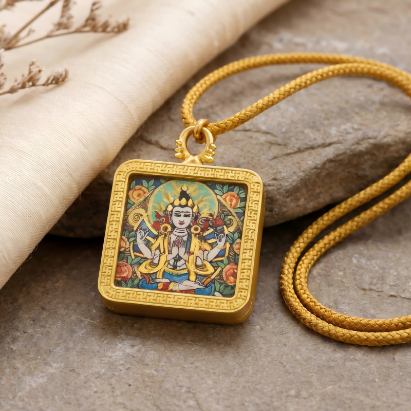 Four-Armed Chenrezig Hand-Painted Thangka Pendant | Bodhisattva of Compassion Amulet for Protection & Peace image 3