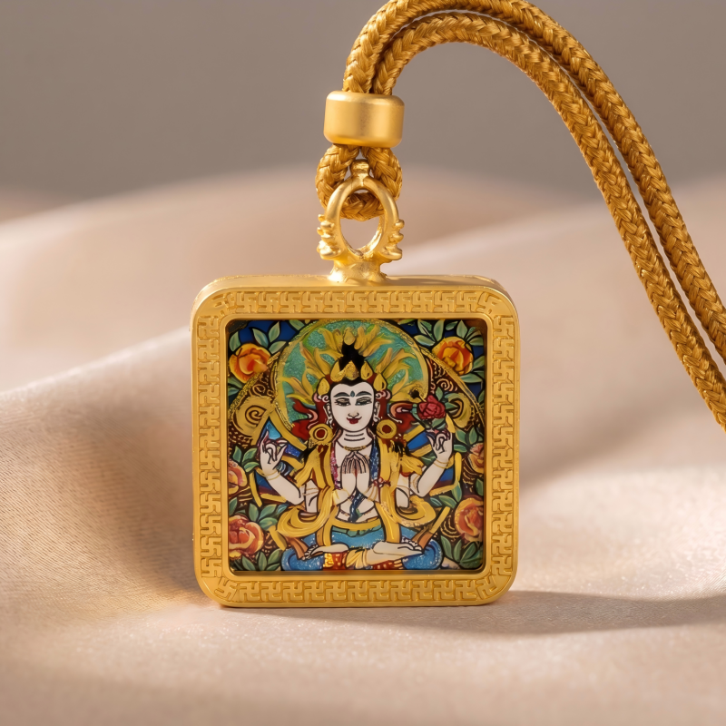 Four-Armed Chenrezig Hand-Painted Thangka Pendant | Bodhisattva of Compassion Amulet for Protection & Peace image 4