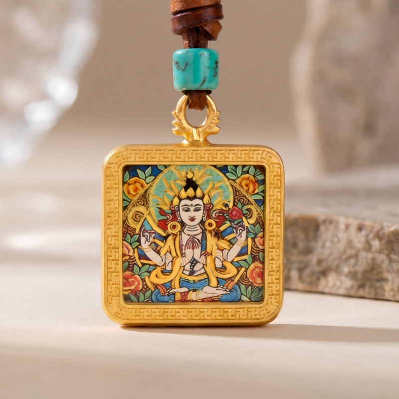 Four-Armed Chenrezig Hand-Painted Thangka Pendant | Bodhisattva of Compassion Amulet for Protection & Peace image 5