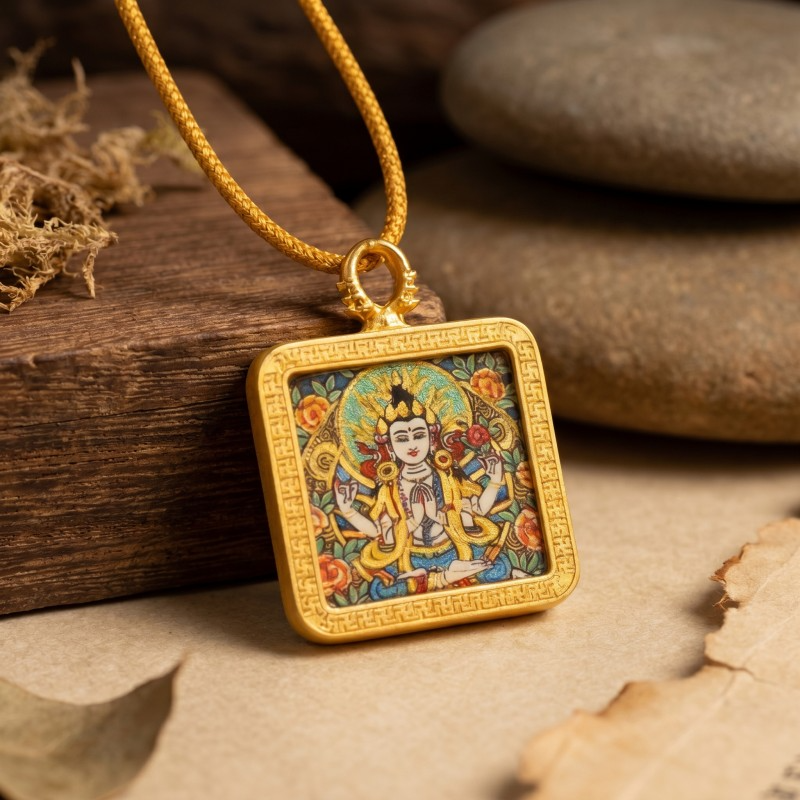 Four-Armed Chenrezig Hand-Painted Thangka Pendant | Bodhisattva of Compassion Amulet for Protection & Peace image 6
