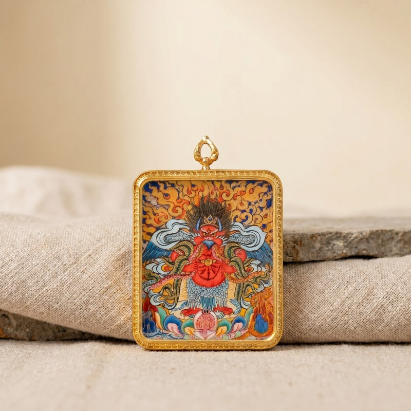 Garuda (Golden-Winged Bird) Hand-Painted Thangka Pendant | Protector Against Harm & Negative Energies Amulet image 2