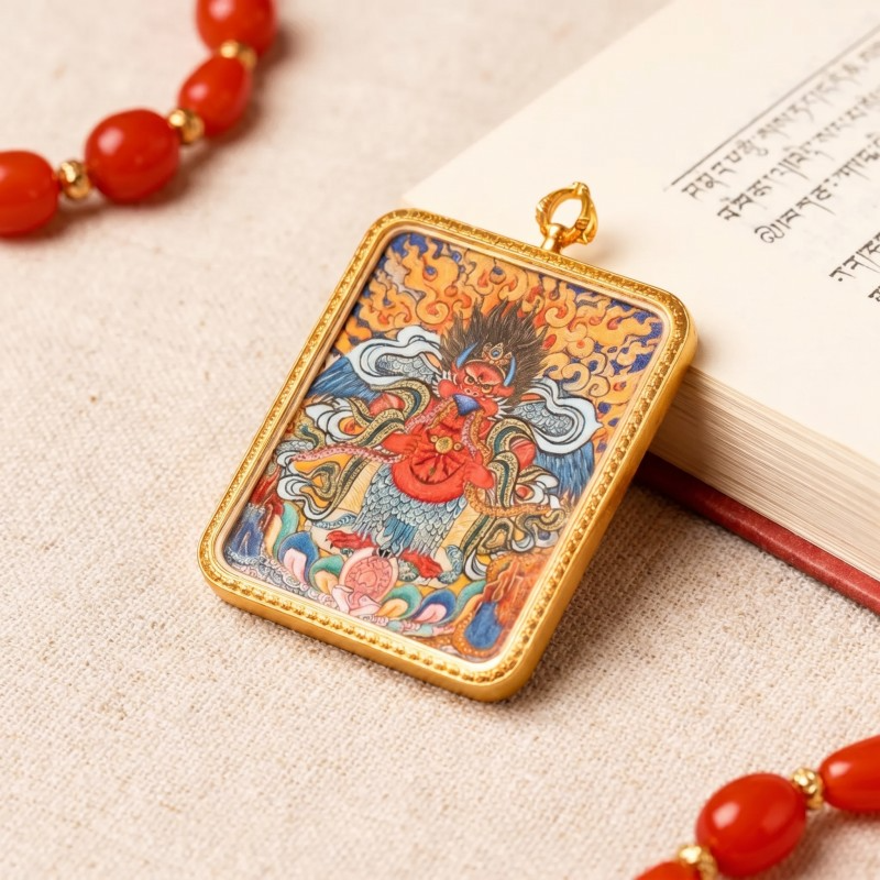 Garuda (Golden-Winged Bird) Hand-Painted Thangka Pendant | Protector Against Harm & Negative Energies Amulet image 3