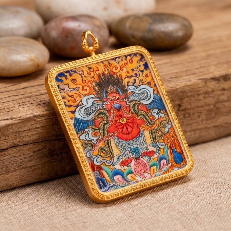 Garuda (Golden-Winged Bird) Hand-Painted Thangka Pendant | Protector Against Harm & Negative Energies Amulet image 4