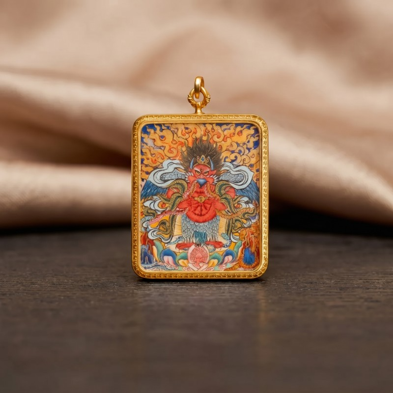 Garuda (Golden-Winged Bird) Hand-Painted Thangka Pendant | Protector Against Harm & Negative Energies Amulet image 5