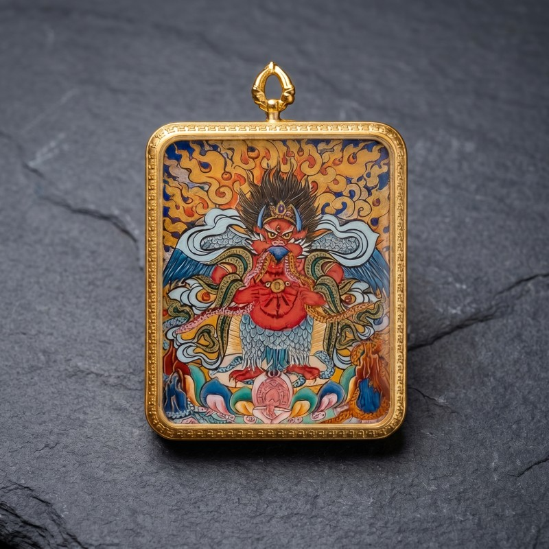 Garuda (Golden-Winged Bird) Hand-Painted Thangka Pendant | Protector Against Harm & Negative Energies Amulet image 6