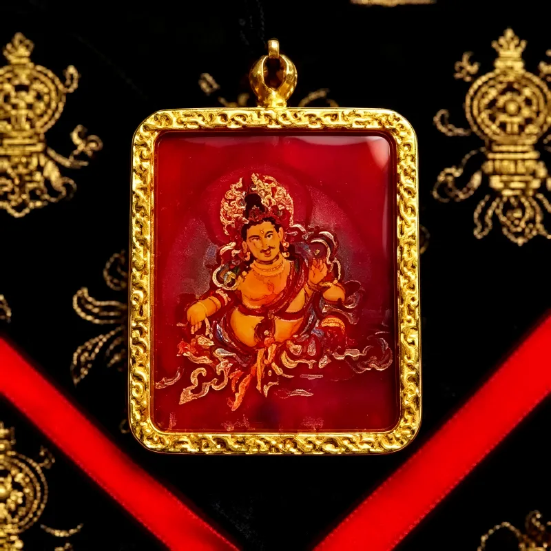 Green Jambhala Hand-Painted Thangka Pendant | God of Growth & Business Wealth Amulet