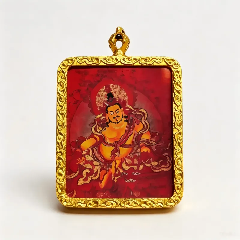 Green Jambhala Hand-Painted Thangka Pendant | God of Growth & Business Wealth Amulet image 2