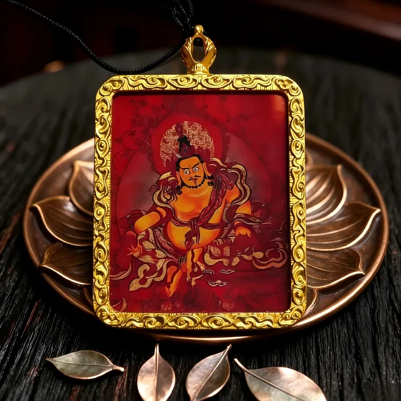Green Jambhala Hand-Painted Thangka Pendant | God of Growth & Business Wealth Amulet image 3