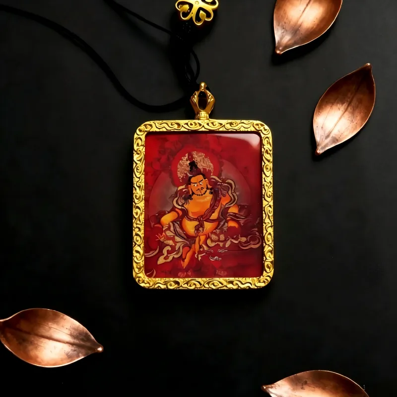 Green Jambhala Hand-Painted Thangka Pendant | God of Growth & Business Wealth Amulet image 5
