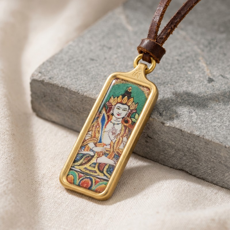 Green Tara Hand-Painted Thangka Pendant | Goddess of Compassion & Protection Amulet image 2