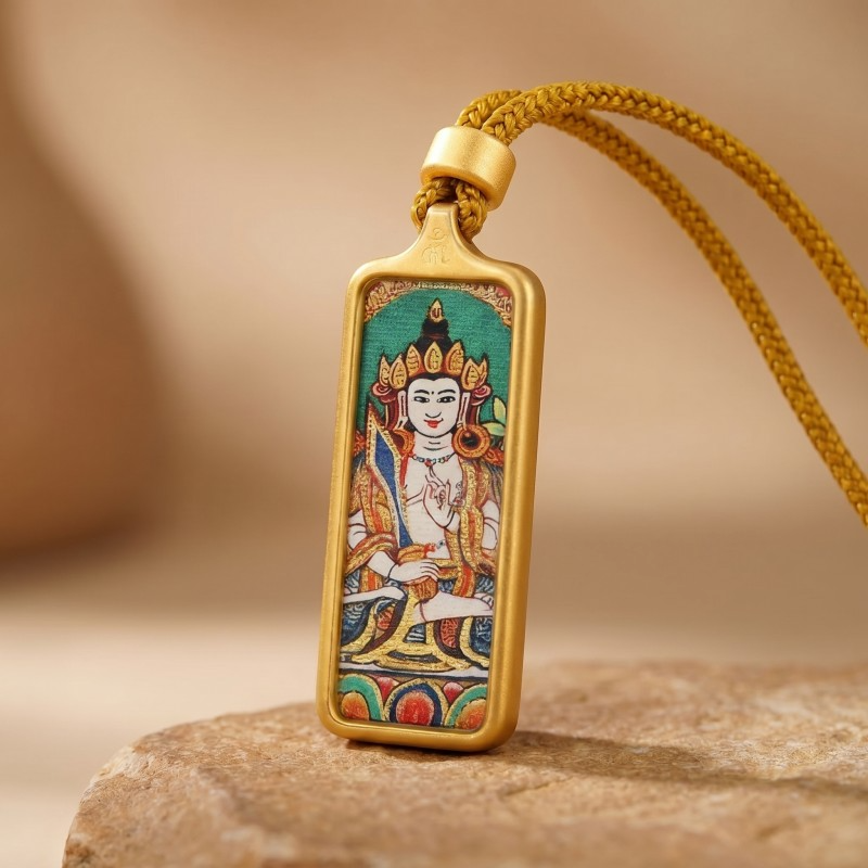 Green Tara Hand-Painted Thangka Pendant | Goddess of Compassion & Protection Amulet image 3