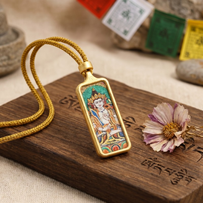 Green Tara Hand-Painted Thangka Pendant | Goddess of Compassion & Protection Amulet image 4