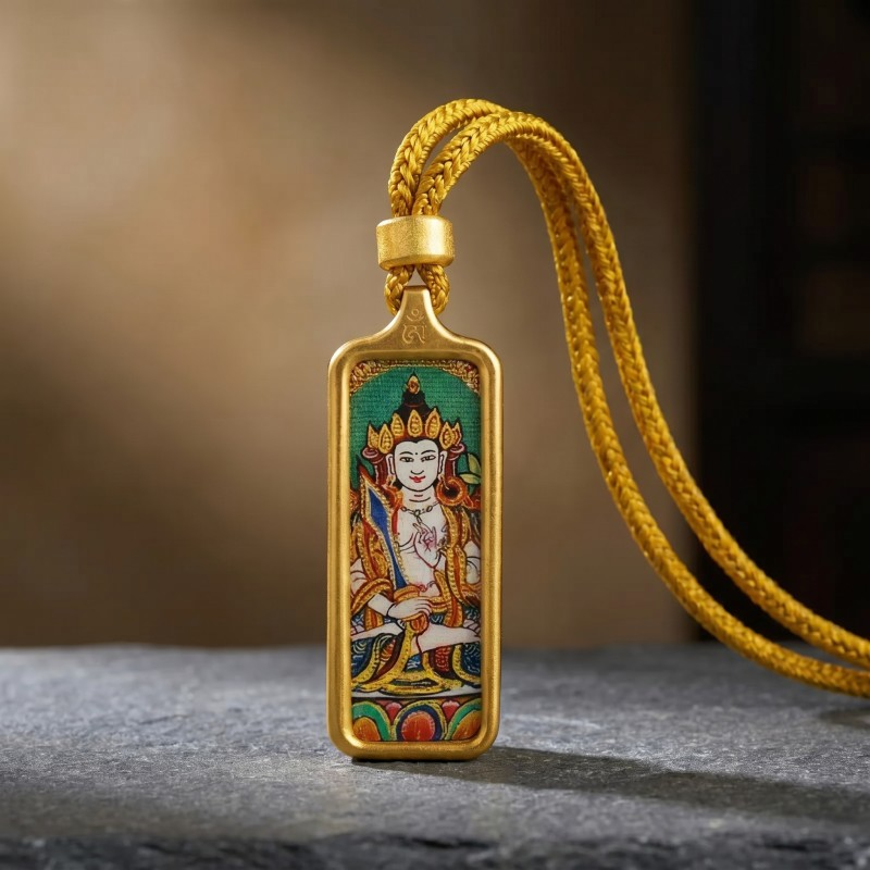 Green Tara Hand-Painted Thangka Pendant | Goddess of Compassion & Protection Amulet image 5
