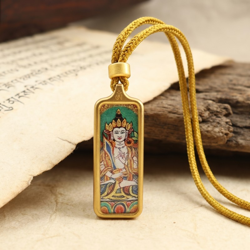 Green Tara Hand-Painted Thangka Pendant | Goddess of Compassion & Protection Amulet image 6
