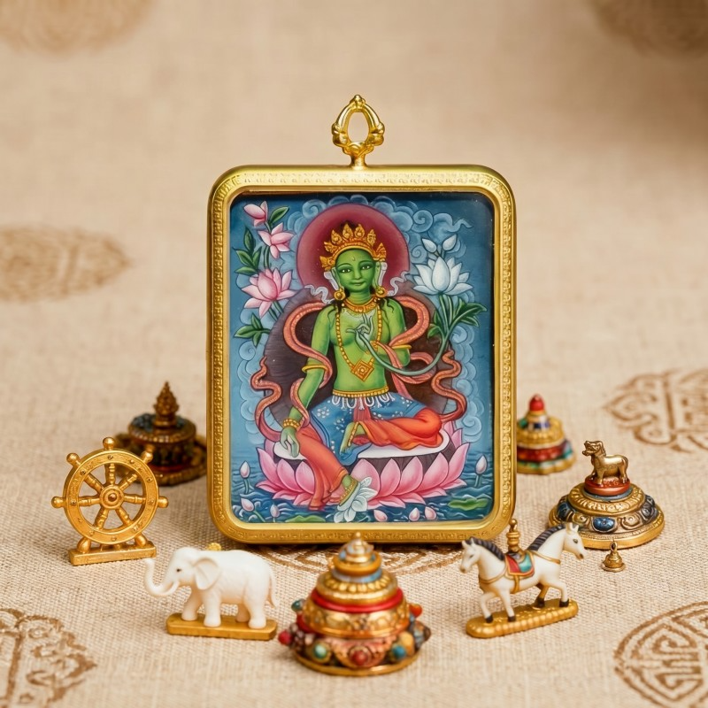 Green Tara Hand-Painted Thangka Pendant | Swift Obstacle-Removing Goddess Amulet for Protection & Good Luck